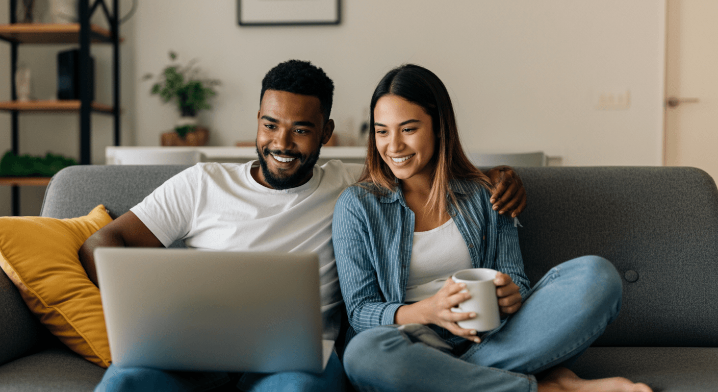 Casal sorrindo enquanto usa laptop, representando suporte e atendimento Personal Card