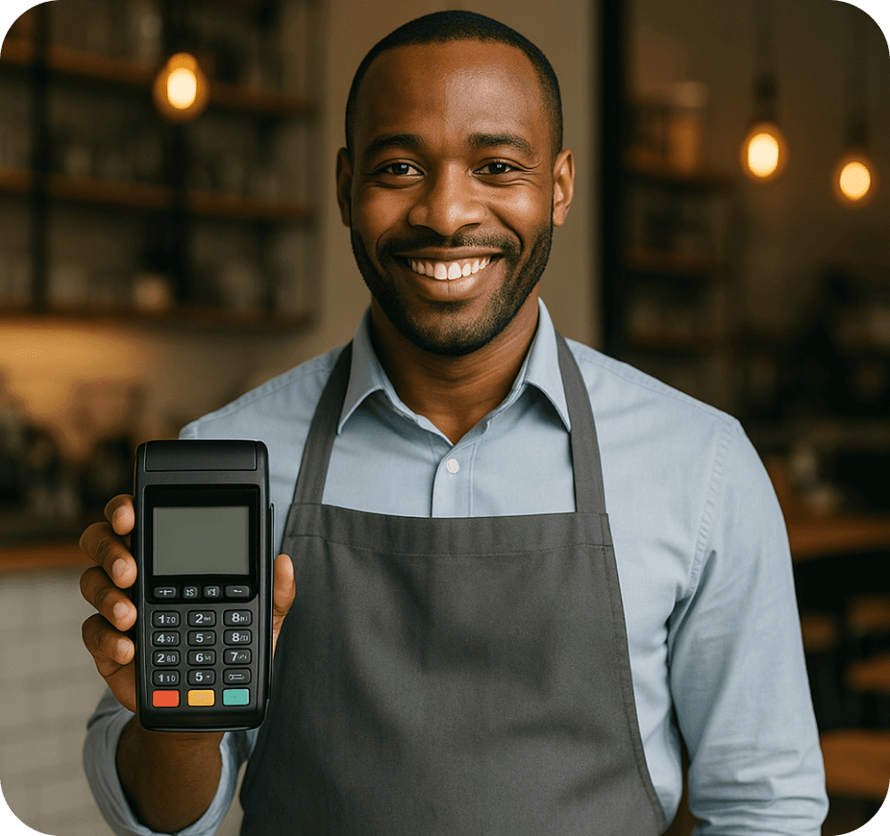 Homem sorrindo segurando terminal de pagamento POS, representando credenciamento Personal Card